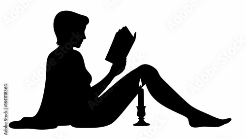 Silhouette of a woman sitting reading a book by candlelight in a dark and moody atmosphere at night