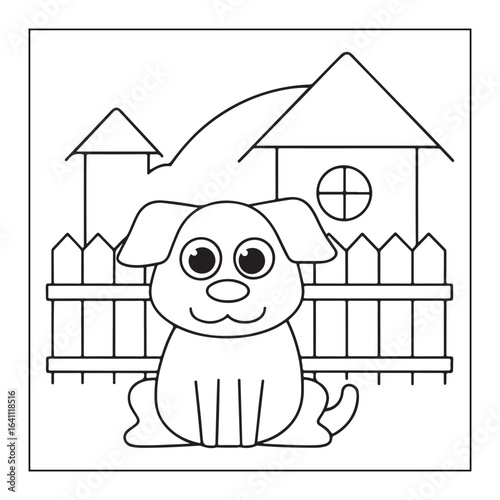 Cartoon dog sitting in front of a picket fence and a house with a circular window puppy canine