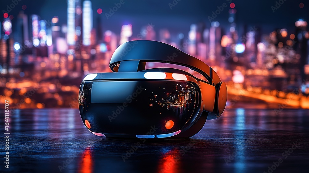 Fototapeta premium Virtual Reality Headset on a Night Cityscape Background for Tech, Gaming, and Innovation Projects
