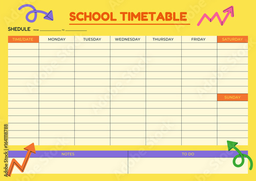 Vibrant School timetable schedule planner template arrows doodle design. Student daily week plan