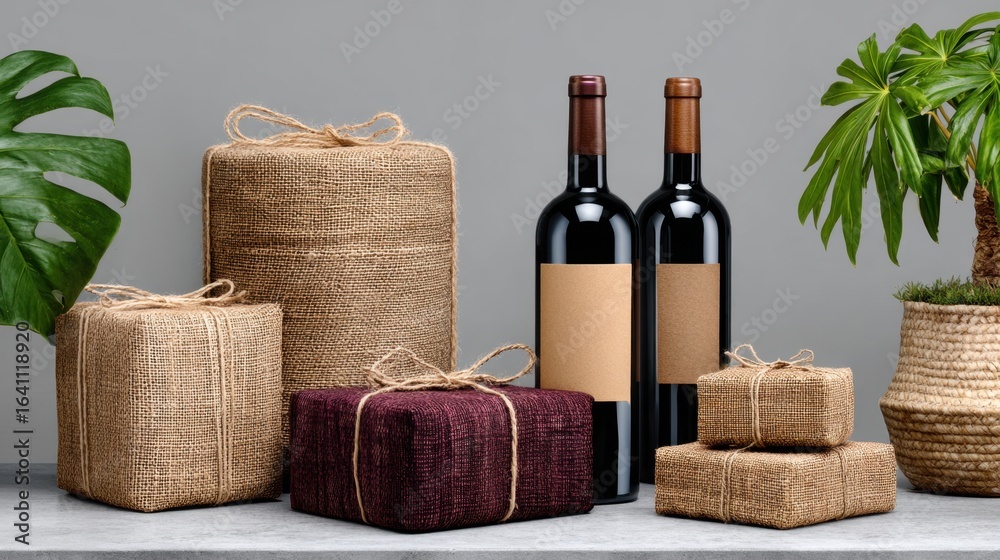 Naklejka premium Elegant wine and burlap gift arrangement with tropical plants