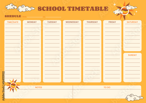 School timetable schedule planner template retro design. Student daily week plan