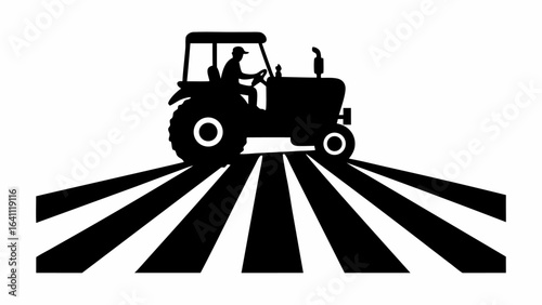 Silhouette of a tractor with a driver on a field with rows in black and white agricultural scene image
