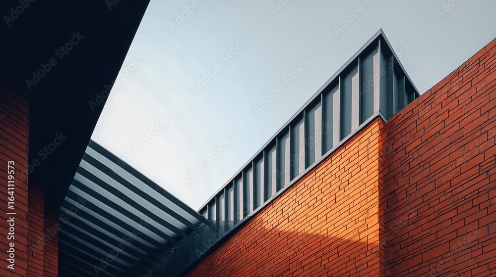 Fototapeta premium Architectural Geometry: Modern Building Exterior Featuring Clean Lines, Brick Facade, and Geometric Skylight Design with Sky