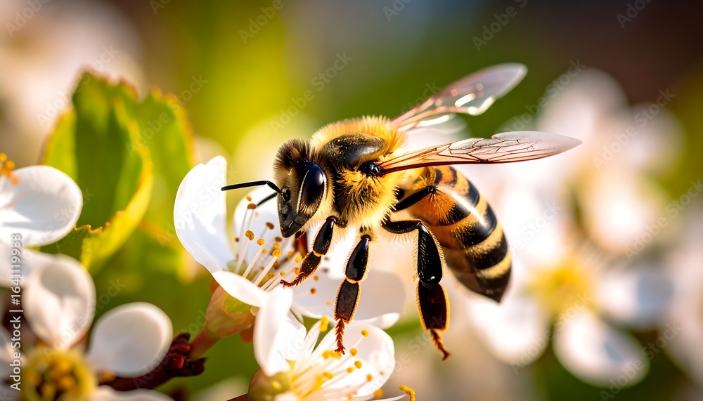 Honeybee pollinating white blossoms in sunlight Honeybee pollinating white blossoms in sunlight