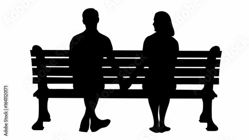 Silhouette of a man and woman sitting on a park bench in black and white illustration image design art