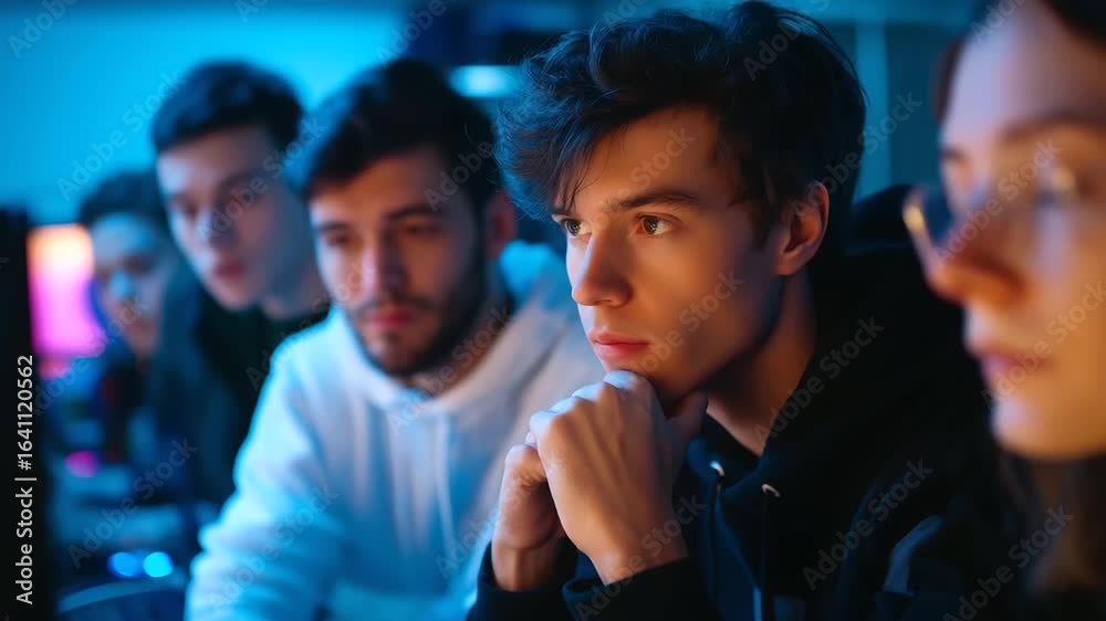 High school esports team huddles for a strategy session before their championship match. High school esports team huddles for a strategy session before their championship match.