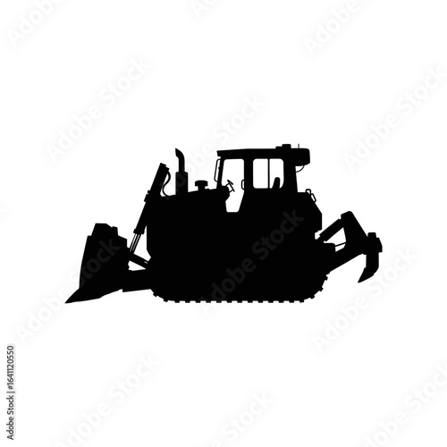 Black heavy industrial bulldozer truck silhouette isolated on white background, vector construction equipment