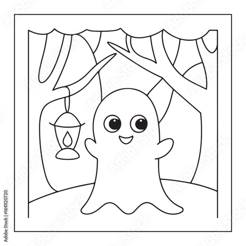 Cheerful cartoon ghost in a forest with a hanging lantern halloween spooky