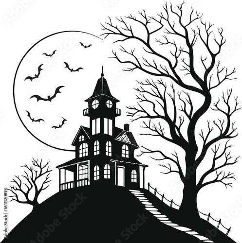 haunted house on hill with bats and moonlight