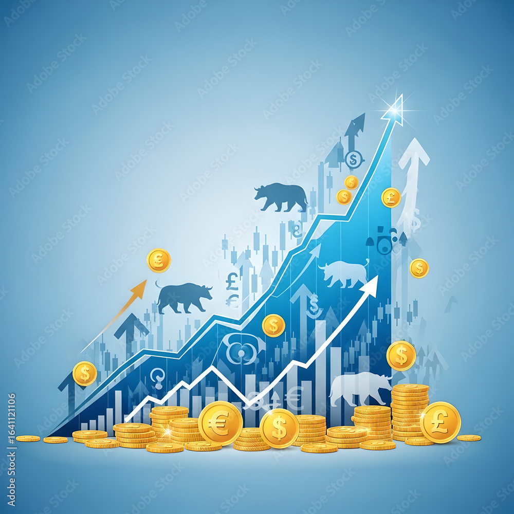 Naklejka premium Analyzing Growth A Visual Representation of Financial Markets with Coins and Arrows