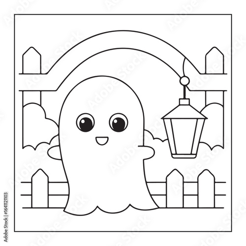 Happy cartoon ghost standing near a fence with a lantern halloween spooky