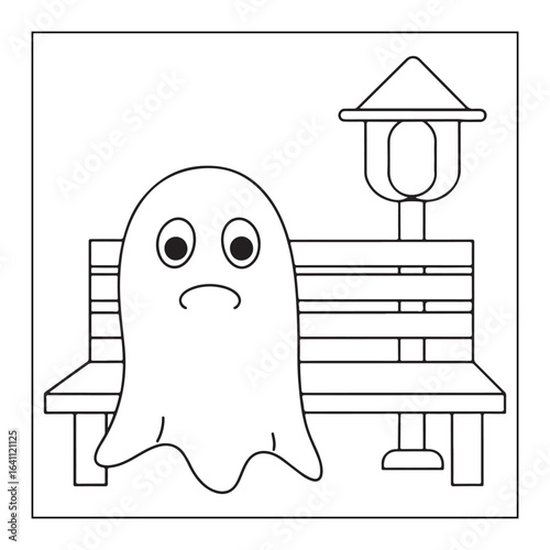 Sad ghost sitting on a park bench next to a lamppost unhappy lonely