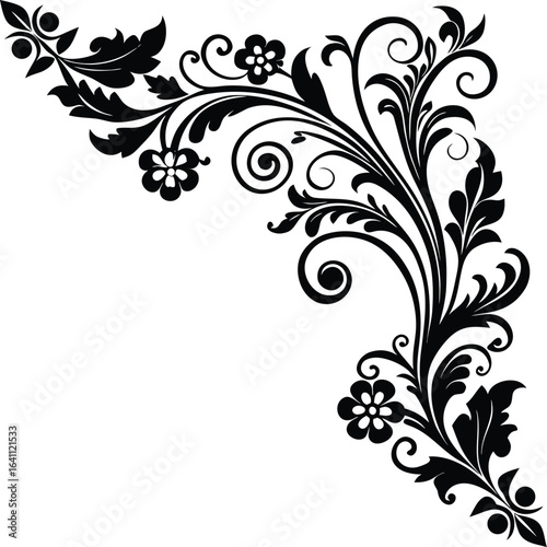 Vector art of black floral corner ornament with swirling vines and leaves, decorative element isolated on white background