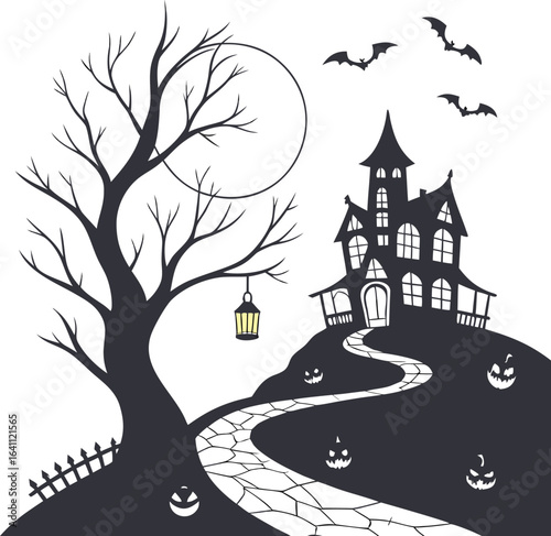 haunted house on hill with bats and moonlight