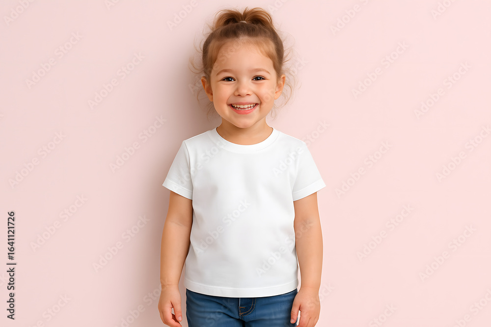 White t shirt mockup for toddler girl smiling on pink background kids White t shirt mockup for toddler girl smiling on pink background kids