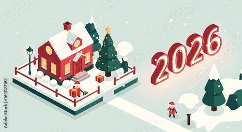 Isometric Winter Wonderland Scene,  Isometric New Year  2026, Christmas, Holiday, Snow, Gifts, Cozy Home