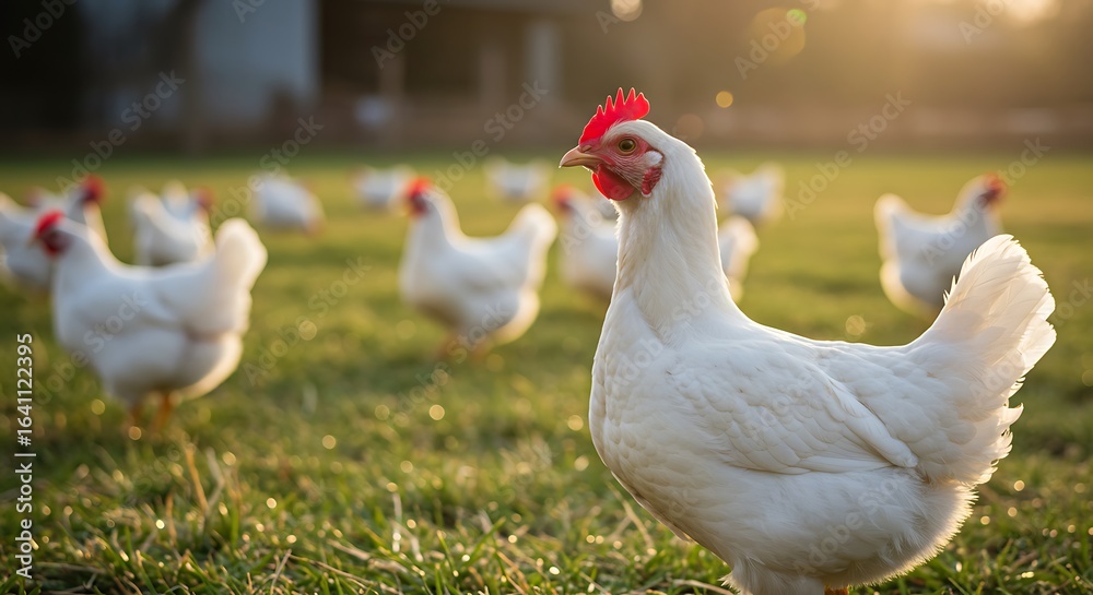 Fototapeta premium White chickens graze on green grass in a sunlit farm field