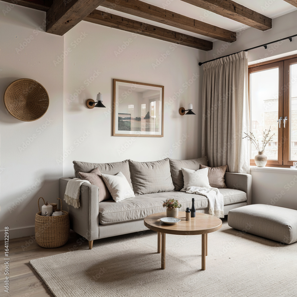 Fototapeta premium A cozy and inviting modern farmhouse living room featuring rustic exposed beams, a comfortable gray sofa, and warm, natural materials for a serene, stylish space. 