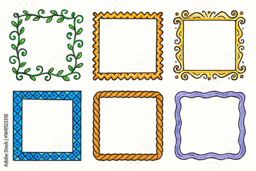 Six Decorative Square Frames – Nature, Geometric, Ornate, Rope, and Wavy Borders in Colorful Vector Design for Creative Projects

