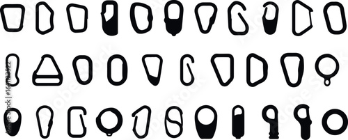 Carabiner Clip Vector Set – Climbing Gear, Outdoor, Adventure, Hiking, Mountaineering, Safety, Equipment, Black Icon, Lock, Hook, Tool, Secure