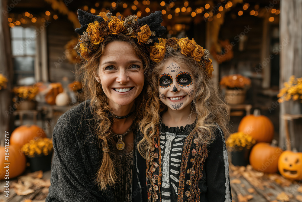 Obraz premium Mère et enfant déguisés en squelettes pour Halloween, maquillage noir et blanc, costumes assortis, ambiance festive et familiale