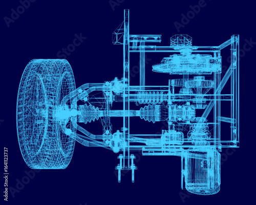 Blueprint of a car engine displays intricate mechanical components in wireframe style against a blue background. The detailed drive unit highlights modules, pistons.