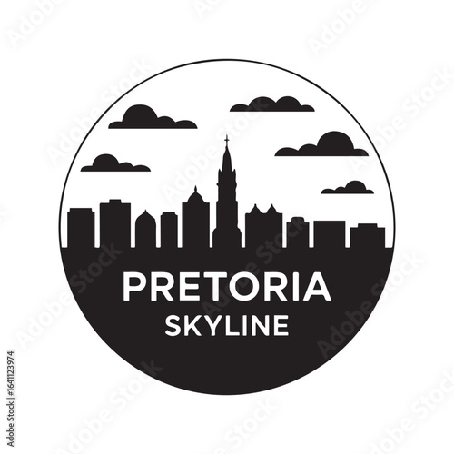 Pretoria skyline. Circular style. Stock vector illustration. Vector black silhouette. with white background.