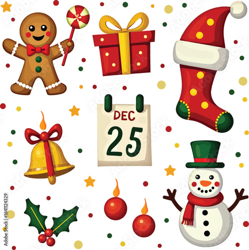 Christmas icons set with gingerbread man snowman gift and decorations on white background