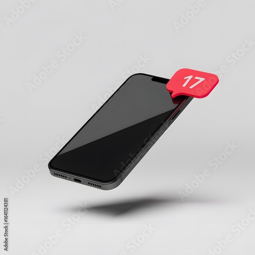 3d toy smartphone icon illustration with Displaying a Notification Badge Indicating Number Seventeen on a Clean Backdrop with Subtle Shadows