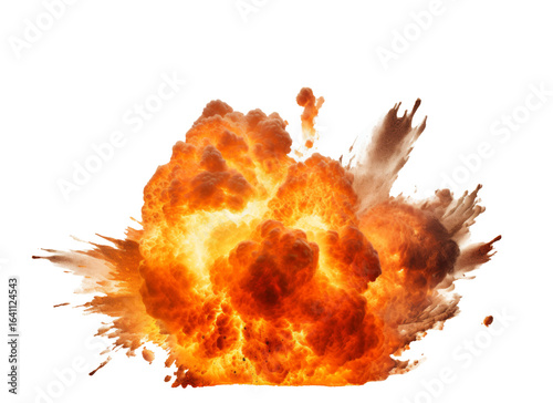 Powerful explosion creating a fiery blast with smoke and debris in a clear background