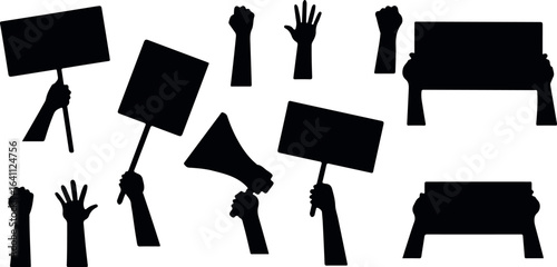 Protest Silhouette Vector Set – Demonstration, Activism, Rally, March, Signs, Placards, Political, Social, Human Rights, Strike, Crowd, Freedom, Graphic