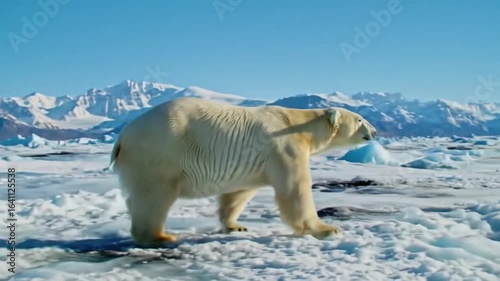 Majestic polar bear roams Arctic ice floes under clear blue sky
