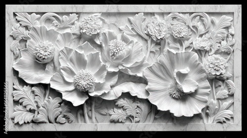 Intricate white floral relief carving in a rectangular frame. Fine details and shadows