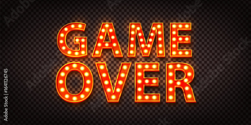 Vector marquee neon sign of Game Over text isolated on transparent background.