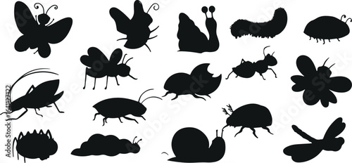 Insects Silhouette Vector Set – Bugs, Beetles, Butterfly, Ant, Grasshopper, Spider, Wildlife, Nature, Small Creatures, Invertebrates, Entomology, Animals, Outdoor, Pest, Graphic