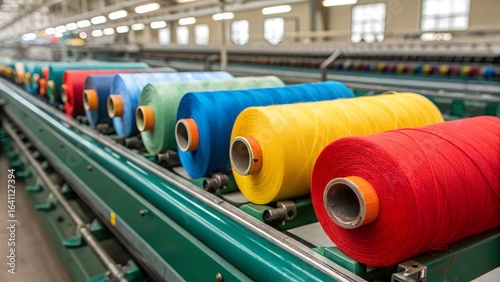 Captivating close-up of colorful yarn spools moving in a textile factory.