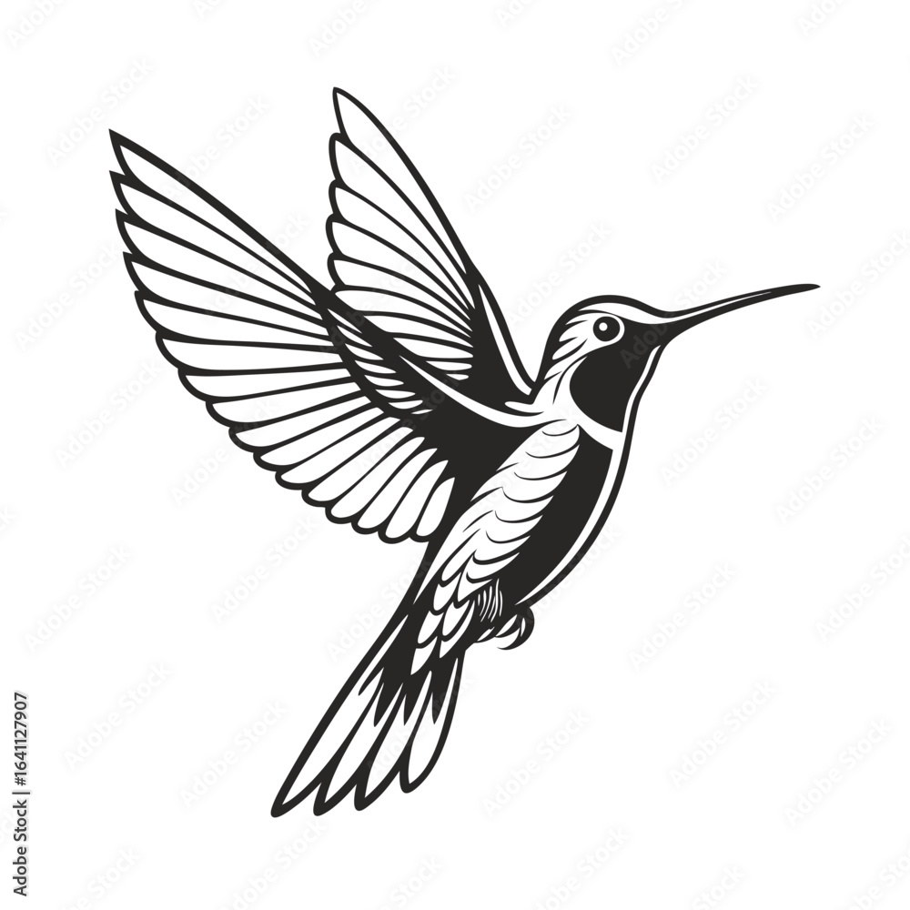 Fototapeta premium Flying Hummingbird Silhouette Vector – Elegant Tropical Bird Black Icon Design