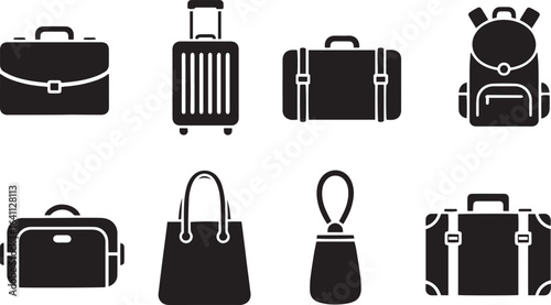 Luggage, Backpack, and Travel Bag Vector Icon Set in Black Silhouette Style