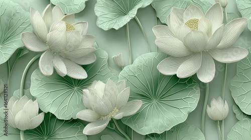 3D-rendered botanical design featuring ivory lotus flowers and textured, pale green lily pads