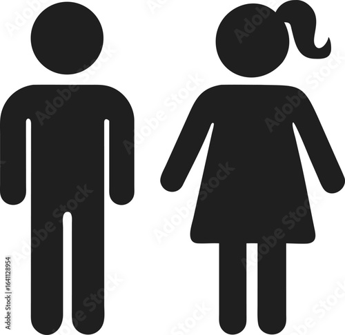 Isolated pictogram icons of man and woman with ponytail hair, representing sex, gender, toilet, and restroom
