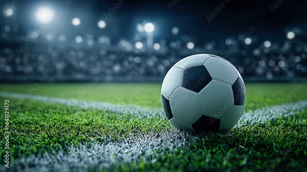 Obraz premium Soccer ball close-up on the corner of the field in a stadium during a night game