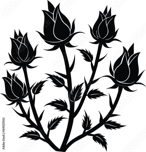 Vector art of black silhouette of five rose buds with leaves and thorns, isolated on white background