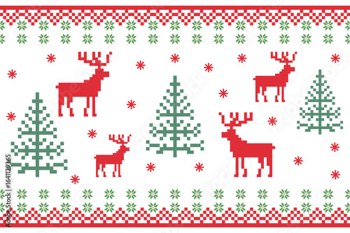 Christmas and New Year seamless pattern. snowflakes  reindeer and Christmas tree on  pixel pattern for winter hat,jumper,sweater, wrapping,fabric,border,rim,carpets, blankets, towels.