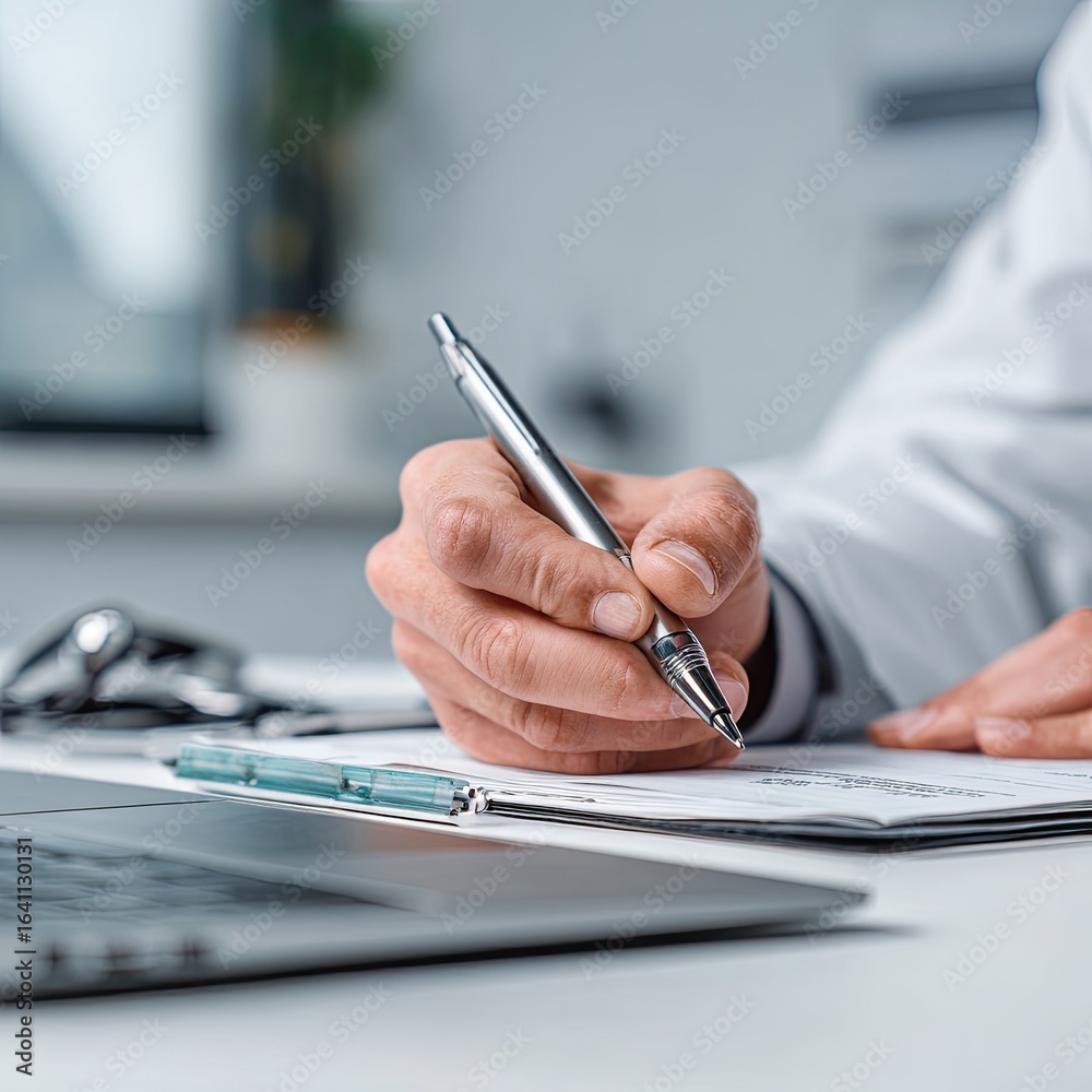 Fototapeta premium Doctor writing notes. Close-up of hands, pen, and clipboard. Medical professional at work