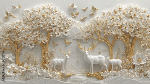 A serene scene unfolds with two majestic deer amidst flourishing golden trees. Birds soar above