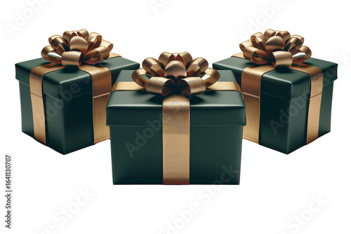 Premium green gift boxes with golden ribbons and bows arranged for a festive occasion