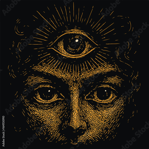 Mysterious face with third eye and radiant rays on black background