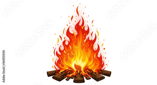 Campfire with logs bright flames and sparks against a white backdrop