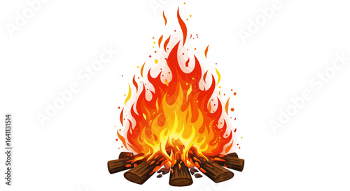 Campfire with red and yellow flames burning logs sparks flying